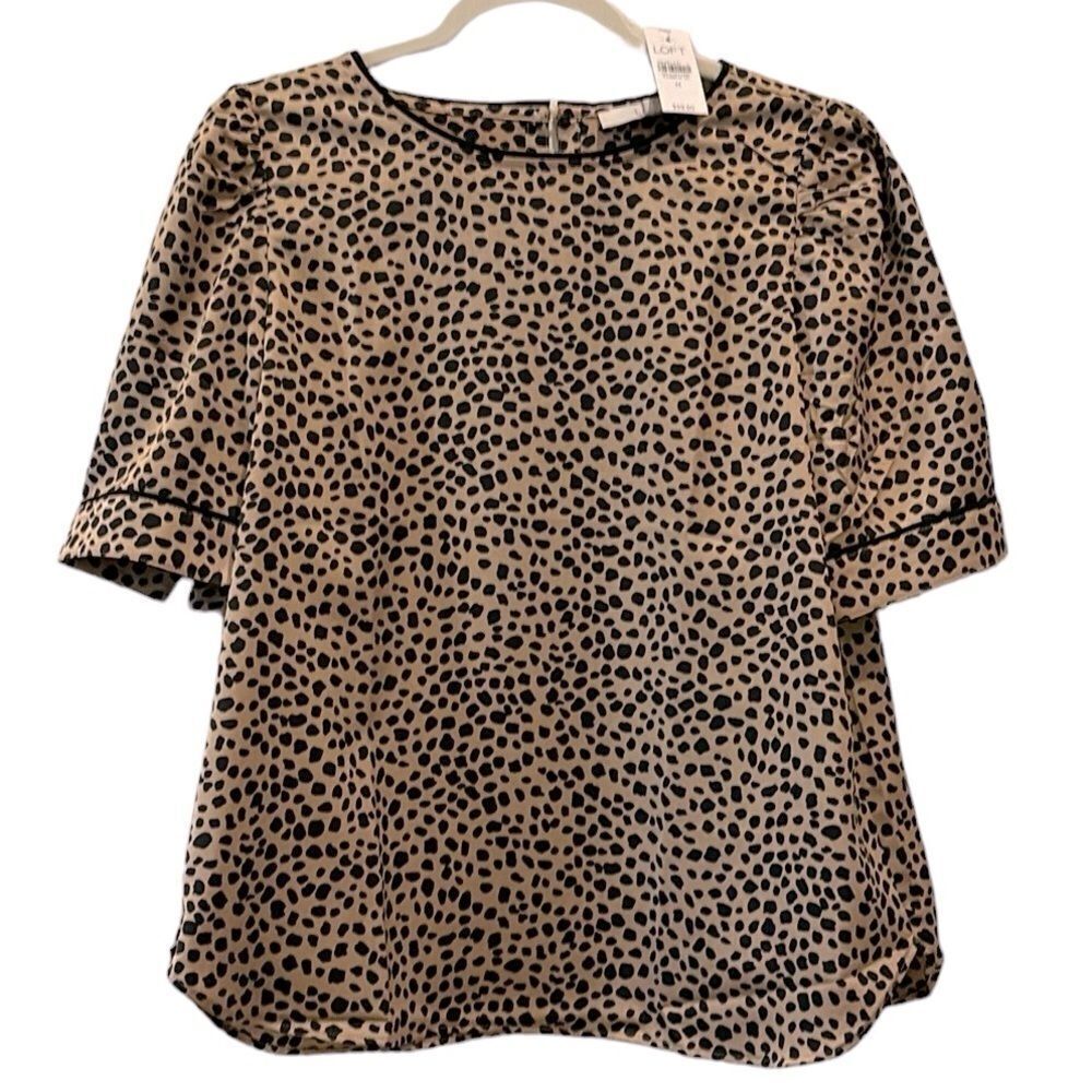NWT Loft Leopard Spot Animal Print Ruched Puff Sleeve Blouse Top Satiny Medium 